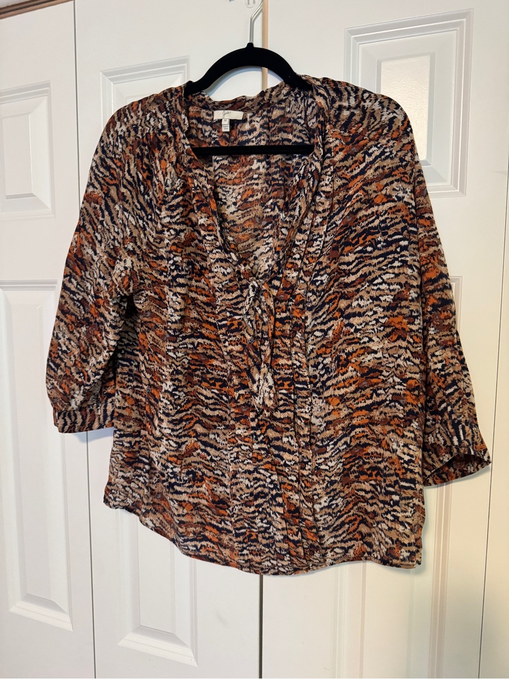 Joie Brown Multi Animal-Print Tie-Neck Peasant Blouse